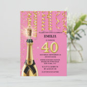 40 Meilenstein Schaumwein Rosa schwarzer Glitzer Einladung (Stehend Vorderseite)