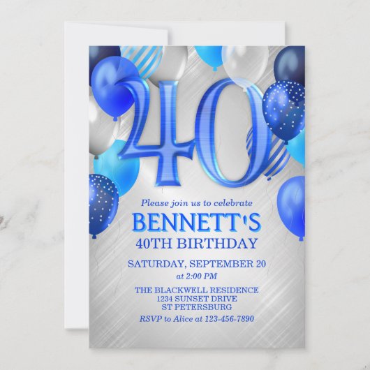 40. Mens Blue Birthday Einladung (Vorderseite)