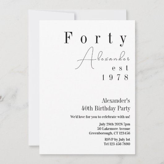 40 Minimal 40. Geburtstag Party Einladung (Vorderseite)