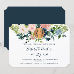 40. Moderne florale navy Wasserfarbe Geburtstagsfe Einladung