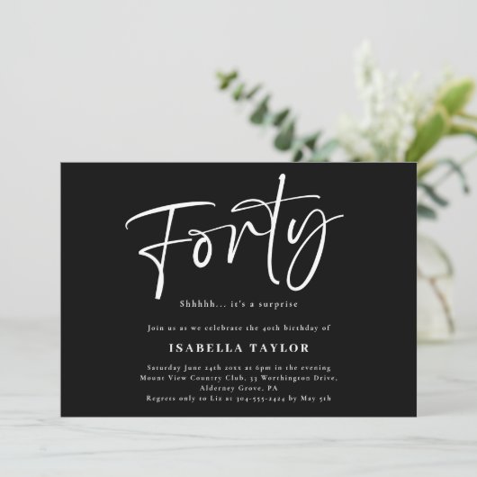 40 Moderne Minimalistische Schwarz-weiß 40. Geburt Einladung (Stehend Vorderseite)