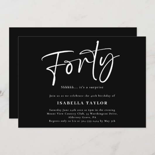 40 Moderne Minimalistische Schwarz-weiß 40. Geburt Einladung (Vorne/Hinten)