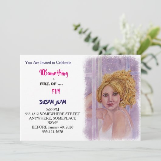 40 MÖGLICHKEITEN & voller Fun Blond Curls Einladun Einladung (Stehend Vorderseite)