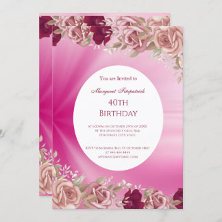 40. Rosa Blume Rosa Rosen Geburtstagsparty Einladung