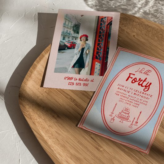 40. Rosa Handgezeichneter Kuchen Quirky Foto Gebur Einladung