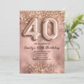 40. Roségold Glitter Geburtstag Einladung (Stehend Vorderseite)