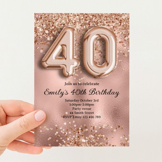 40. Roségold Glitter Geburtstag Einladung