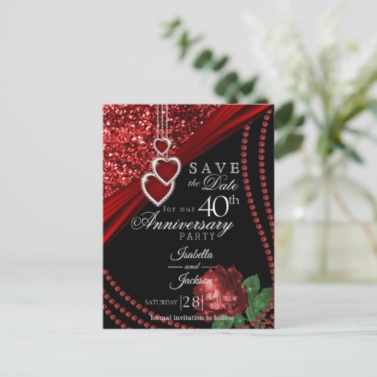 40. Roter Glitzer und Rose - Save the Date Ankündigungspostkarte (Stehend Vorderseite)