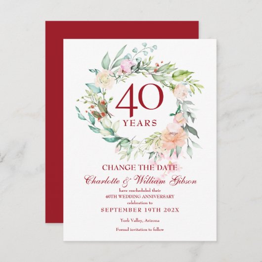 40. Ruby Hochzeitstag ändern Datum Ankündigungspostkarte (Vorne/Hinten)