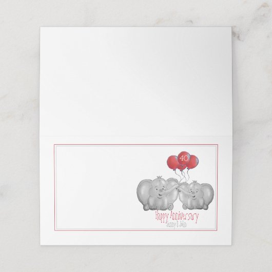 40. ruby Hochzeitstag Elefant personalisiert Platzkarte (Außenseite Aufgefaltet)