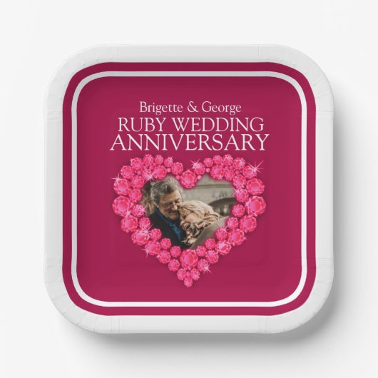 40. Ruby Jubiläum Foto roter Herzplatz Pappteller (Vorderseite)