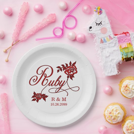 40. Ruby-Jubiläum mit Datum und Initialen Pappteller (Party)