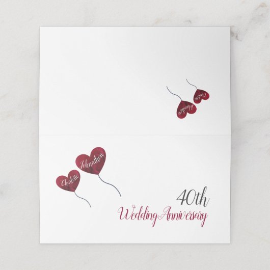 40. Ruby Jubiläum rote Herzblasen weiß Platzkarte (Außenseite Aufgefaltet)