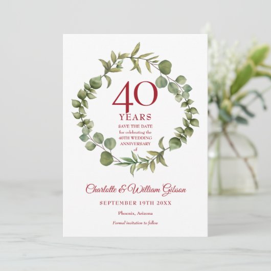 40. Ruby Jubiläum Save the Date Grüne Einladung (Stehend Vorderseite)