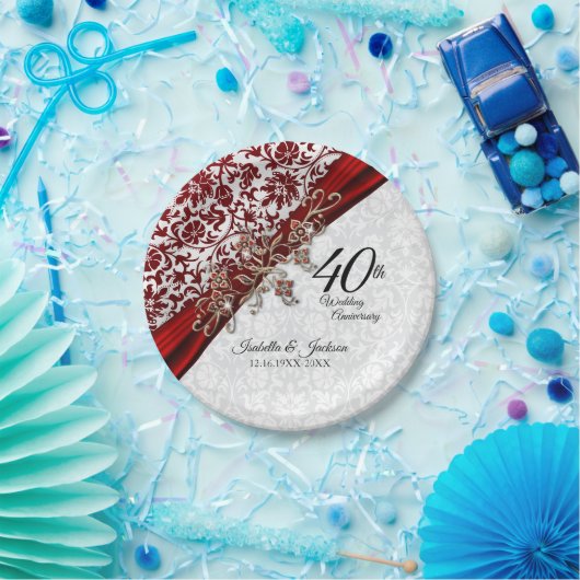 40. Ruby Red and White Wedding Jubiläum Pappteller (Party)