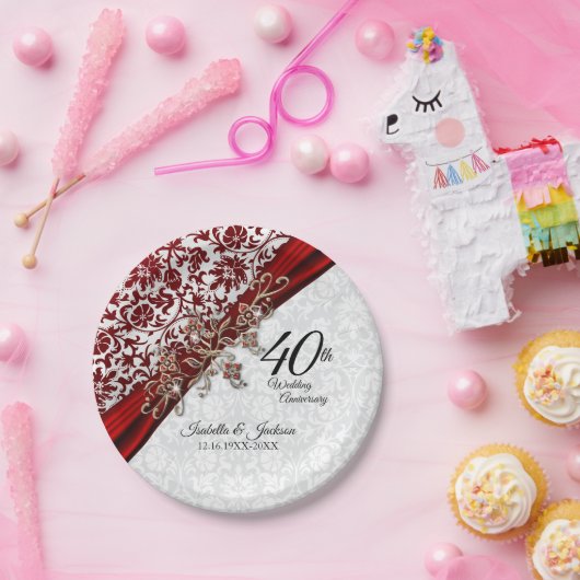 40. Ruby Red and White Wedding Jubiläum Pappteller (Party)