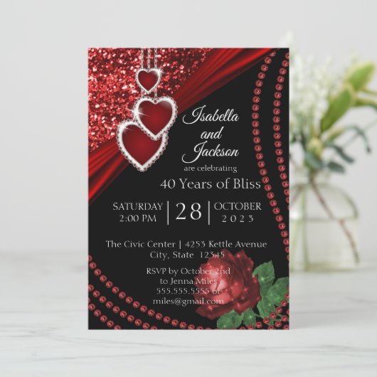40. Ruby Red Glitzer and Rose Jubiläum Einladung (Stehend Vorderseite)