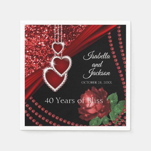 40. Ruby Red Glitzer and Rose Jubiläum Serviette (Vorderseite)