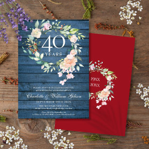 40. Ruby Wedding Anniversary Blue Rustic Floral Einladung