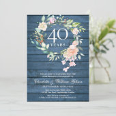 40. Ruby Wedding Anniversary Blue Rustic Floral Einladung (Stehend Vorderseite)