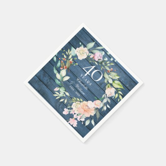 40. Ruby Wedding Anniversary Blue Rustic Floral Serviette (Ecke)