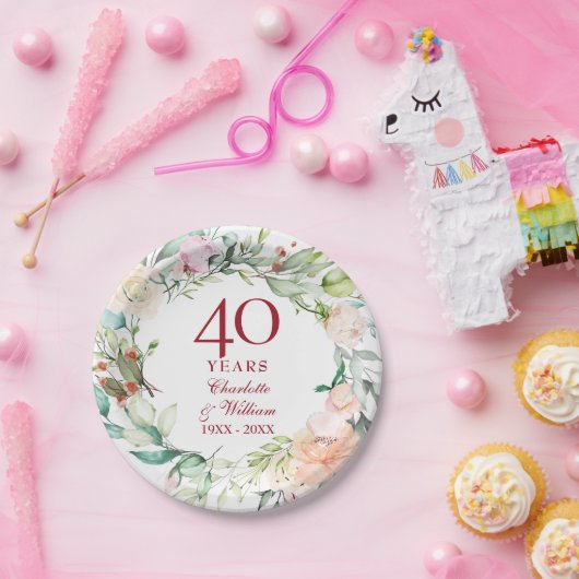 40. Ruby Wedding Anniversary Chic Rose Blumenstrau Pappteller (Party)