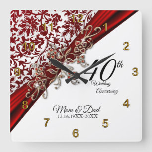 40. Ruby Wedding Anniversary Design Quadratische Wanduhr