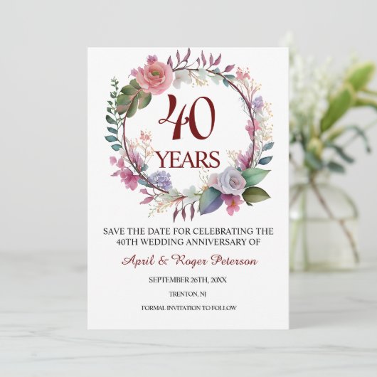 40. Ruby Wedding Anniversary Floral Save The Date (Stehend Vorderseite)
