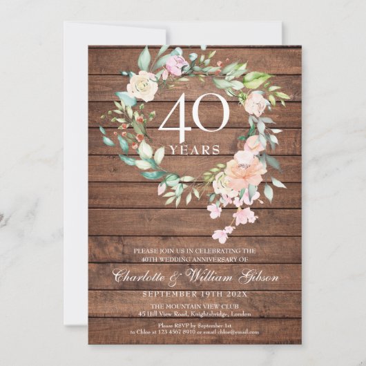 40. Ruby Wedding Anniversary Rustic Wood Floral Einladung (Vorderseite)