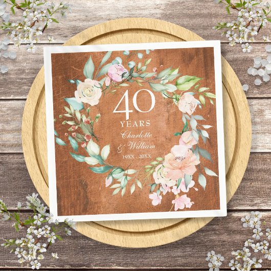 40. Ruby Wedding Anniversary Rustic Wood Rose Serviette