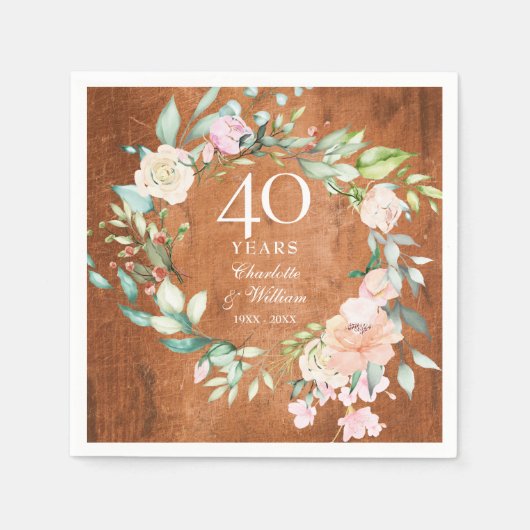 40. Ruby Wedding Anniversary Rustic Wood Rose Serviette (Vorderseite)