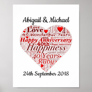 40. Ruby Wedding Jubiläum Word Art Print Poster