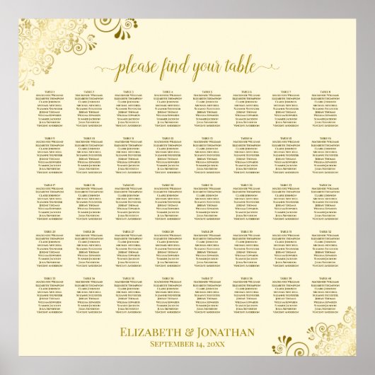 40 Tabelle Frilly Gold & Cream Wedding Chart Poster (Vorne)