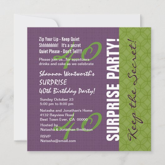 40. ÜBERRASCHUNG Geburtstag Lila und Grünes Muster Einladung (Vorderseite)