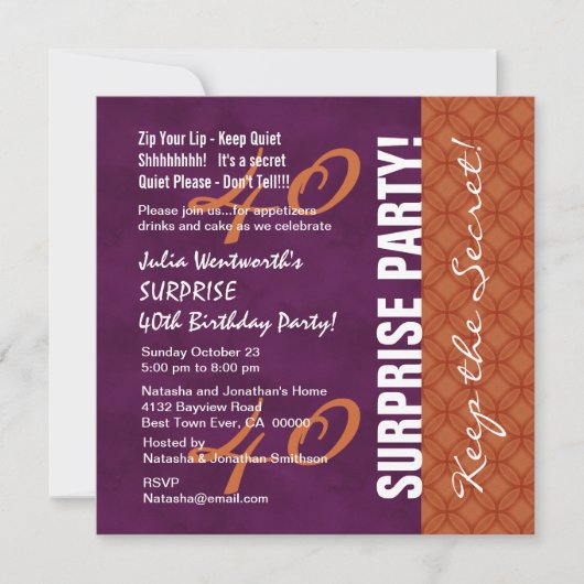 40. ÜBERRASCHUNG Geburtstag lila und orange Einladung (Vorderseite)