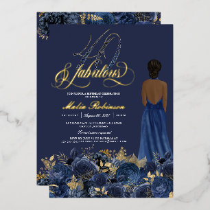 40 und fabelhaft Elegante Blue & Gold Geburtstag Folieneinladung