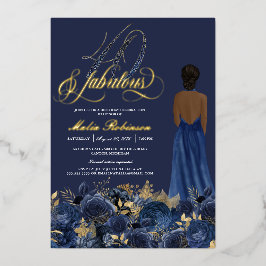 40 und fabelhaft Elegante Blue & Gold Geburtstag Folieneinladung