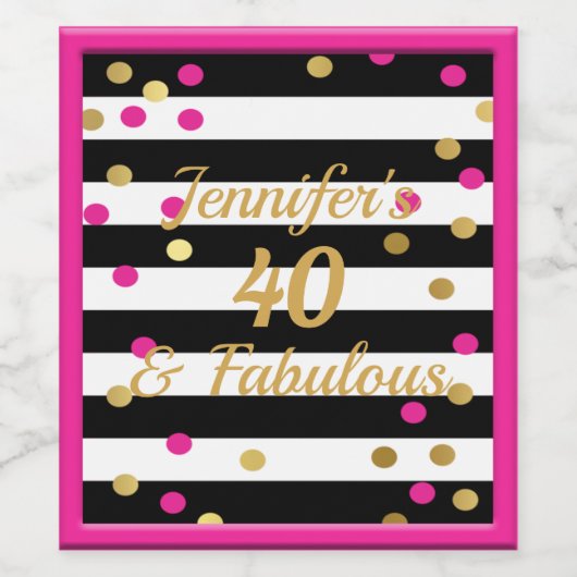 40 und fabelhaftes Hot Pink Schwarz-weiß Gold Weinetikett (Einzelnes Label)