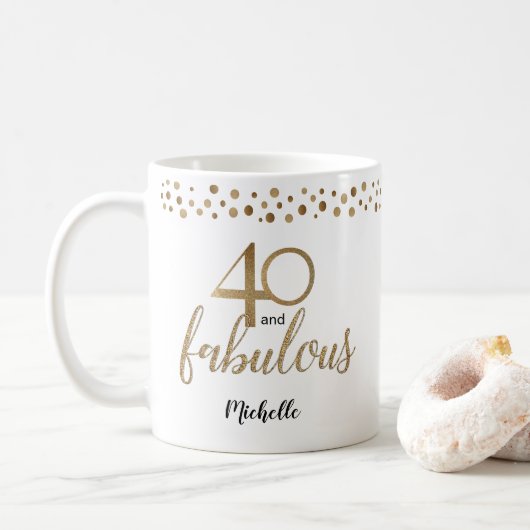 40 und Fabulous 40. Geburtstag Konfetti Gold Kaffeetasse (Mit Donut)