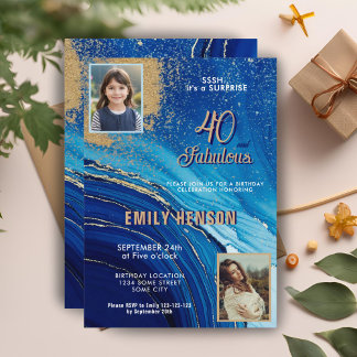 40 und Fabulous Marble Glitzer 2 Foto Geburtstag Einladung