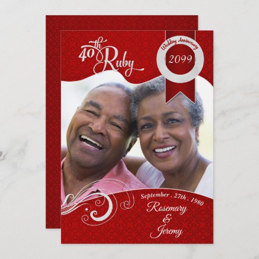 40. Vibrant Ruby Red Damask Benutzerdefiniertes Fo Einladung (Vorne/Hinten)