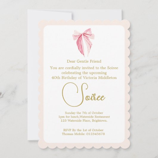 40. Wasserfarbe Rosa Elegant Birthday Bow Einladung (Vorderseite)