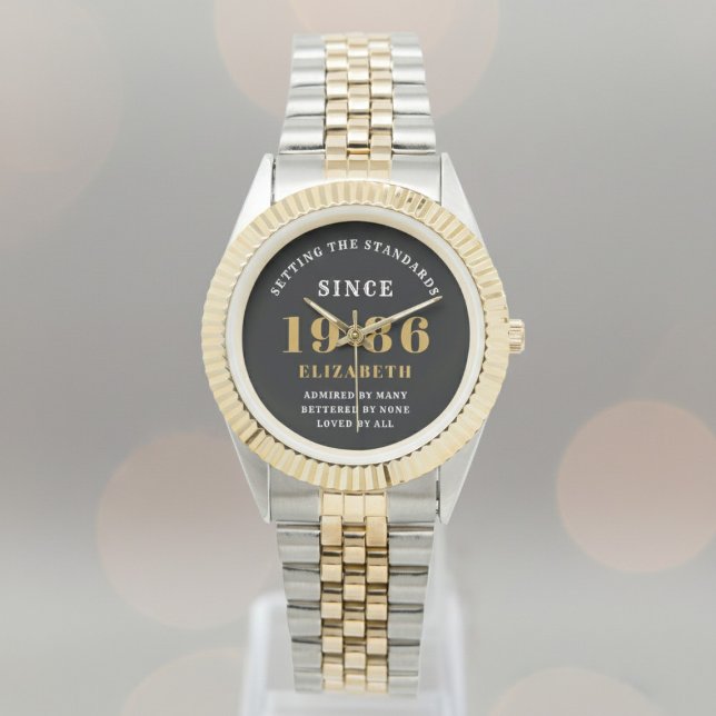 40th Birthday 1986 Elegant Black White Chic Armbanduhr (Born 1986 birthday watch. Background out of focus.)