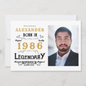 40th Birthday 1986 Legend White & Gold Photo Einladung (Vorderseite)