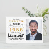 40th Birthday 1986 Legend White & Gold Photo Einladung (Stehend Vorderseite)