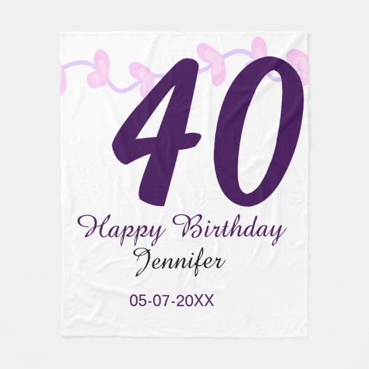 40th birthday add name date year purple floral pin fleecedecke (Vorderseite)