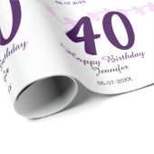 40th birthday add name date year purple floral pin geschenkpapier (Rolleneckpunkt)