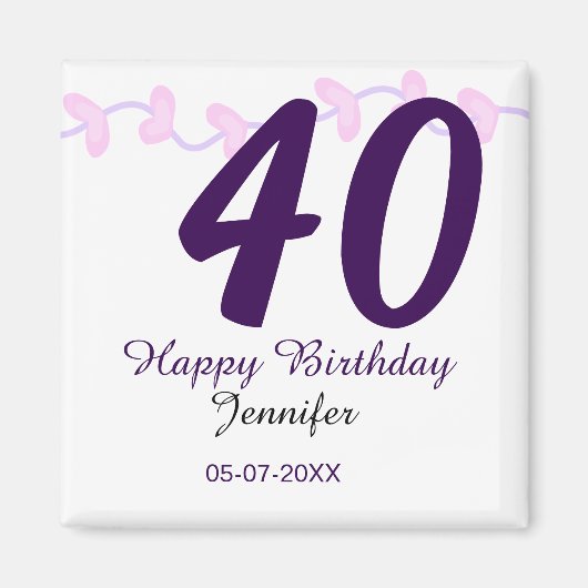 40th birthday add name date year purple floral pin magnet (Vorne)