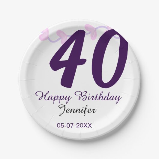 40th birthday add name date year purple floral pin pappteller (Vorderseite)