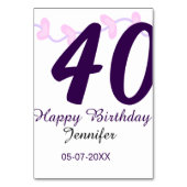 40th birthday add name date year purple floral pin tischnummer (Vorderseite)